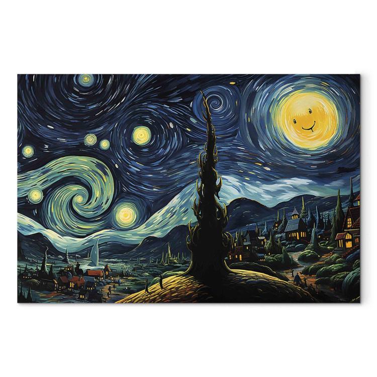 Canvas Starry Night - A Landscape in the Style of Van Gogh With a Smiling Moon