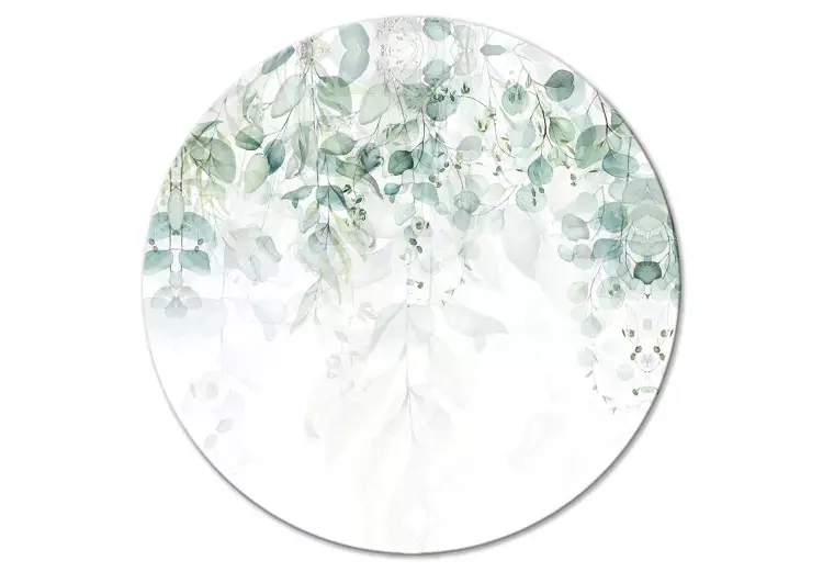 Round Canvas Print Cascade of Greenery - Delicate Twigs Full of Leaves on a White Background