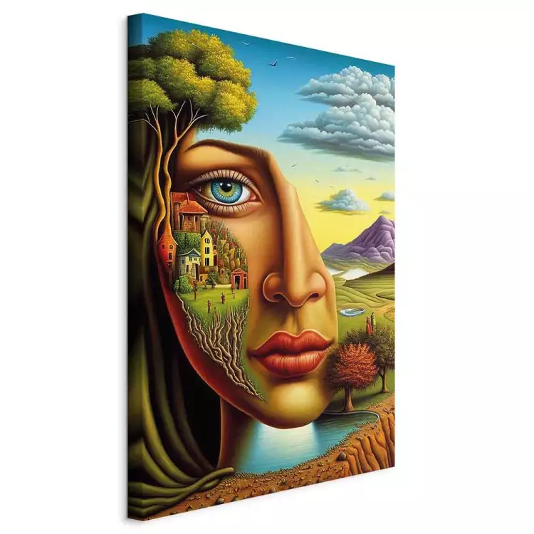 Abstract Portrait - A Face Against the Background of Mountains and a Small Town