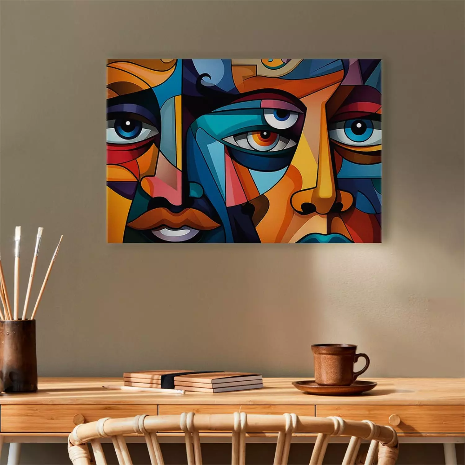 Canvas Art Print Colorful Faces - A Geometric Composition in the Style of Picasso