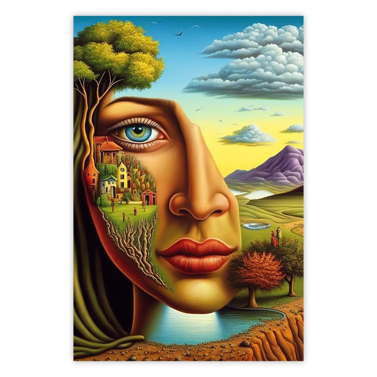 Poster Abstract Face - Portrait of a Woman Against the Background of Mountains and a Small Town