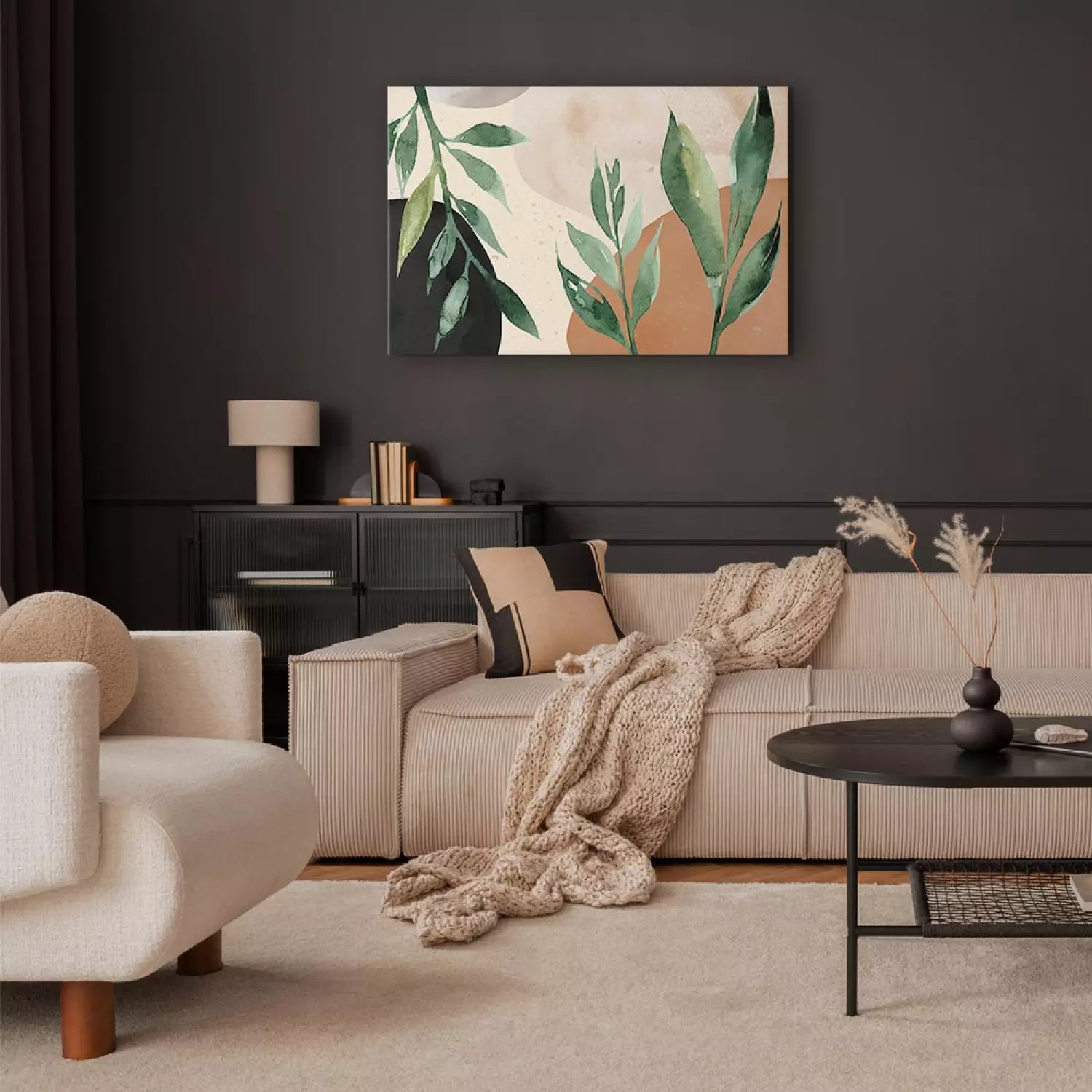 Canvas Art Print Harmony of Nature - Beige Abstract With Spots of Color and Leaves