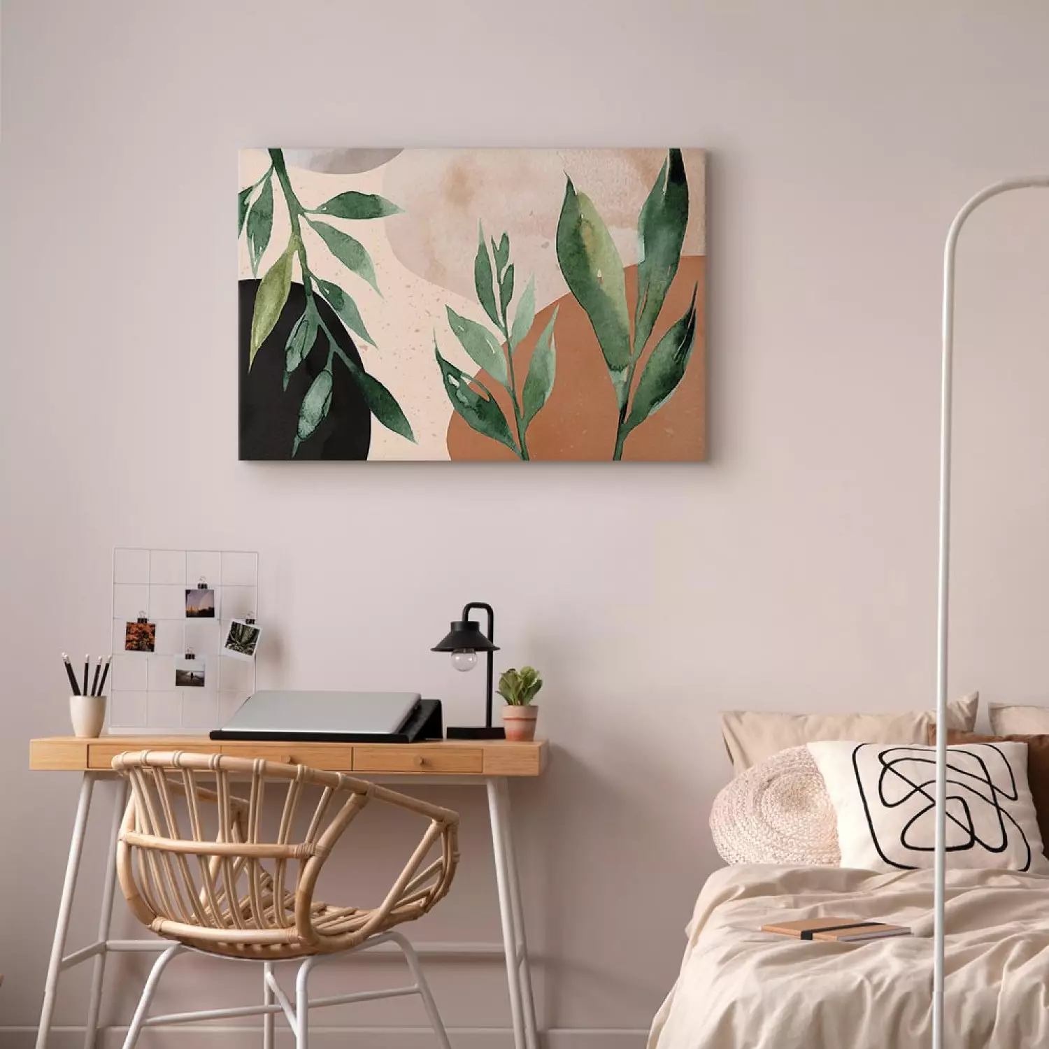 Canvas Art Print Harmony of Nature - Beige Abstract With Spots of Color and Leaves