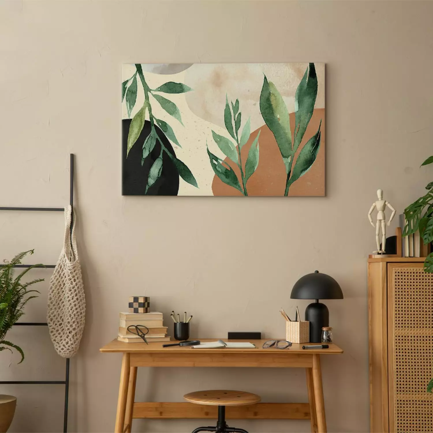 Canvas Art Print Harmony of Nature - Beige Abstract With Spots of Color and Leaves