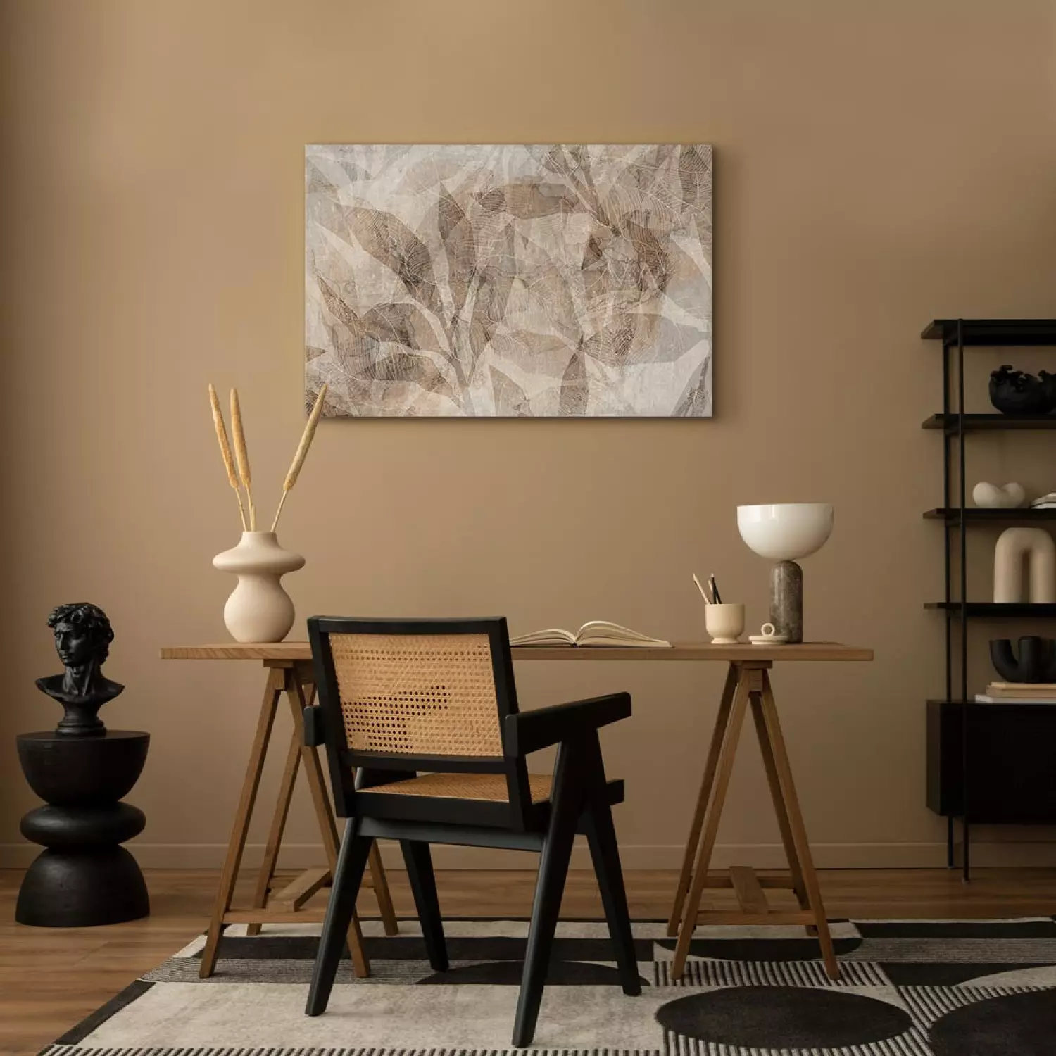 Canvas Print Shadow Abstraction - Interwoven Shapes and Beige Outline of Leaves