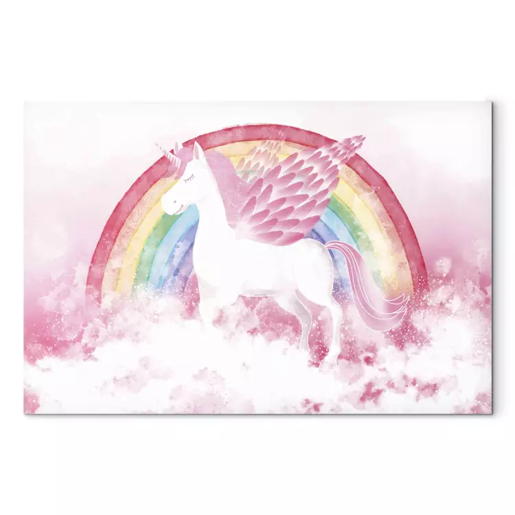 Canvas Pink Power - A Unicorn With Wings and a Rainbow on a Background of Clouds
