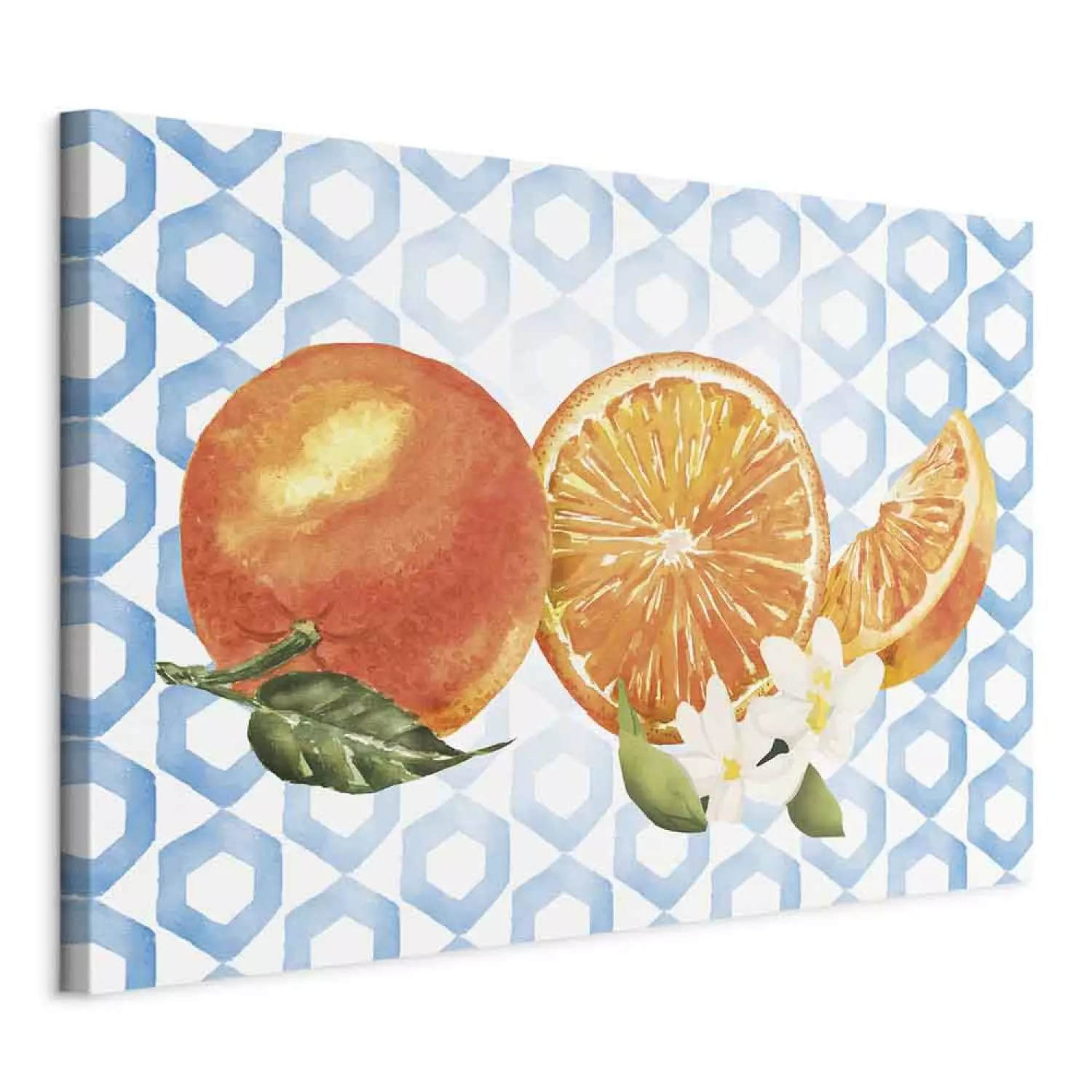 Canvas Art Print Sicilian Fruits - Oranges With Flowers on the Background of Blue Ornaments