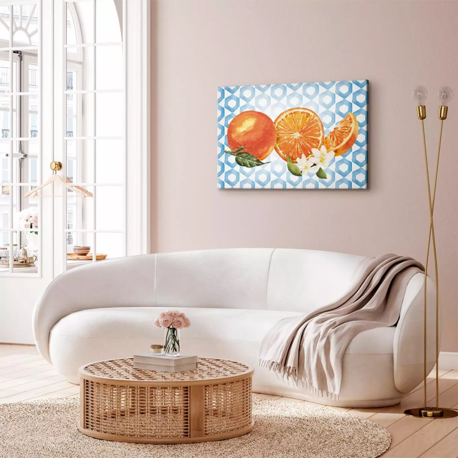 Canvas Art Print Sicilian Fruits - Oranges With Flowers on the Background of Blue Ornaments