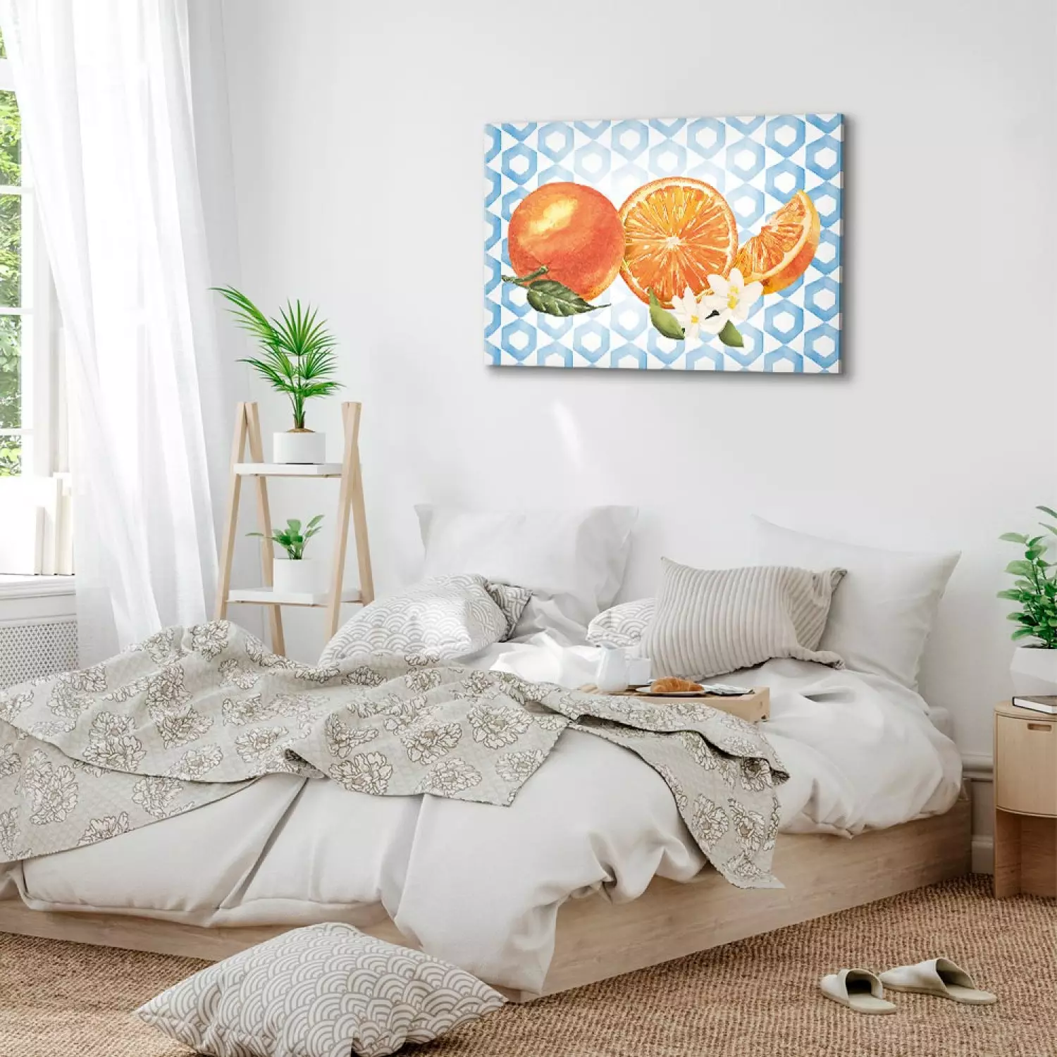 Canvas Art Print Sicilian Fruits - Oranges With Flowers on the Background of Blue Ornaments