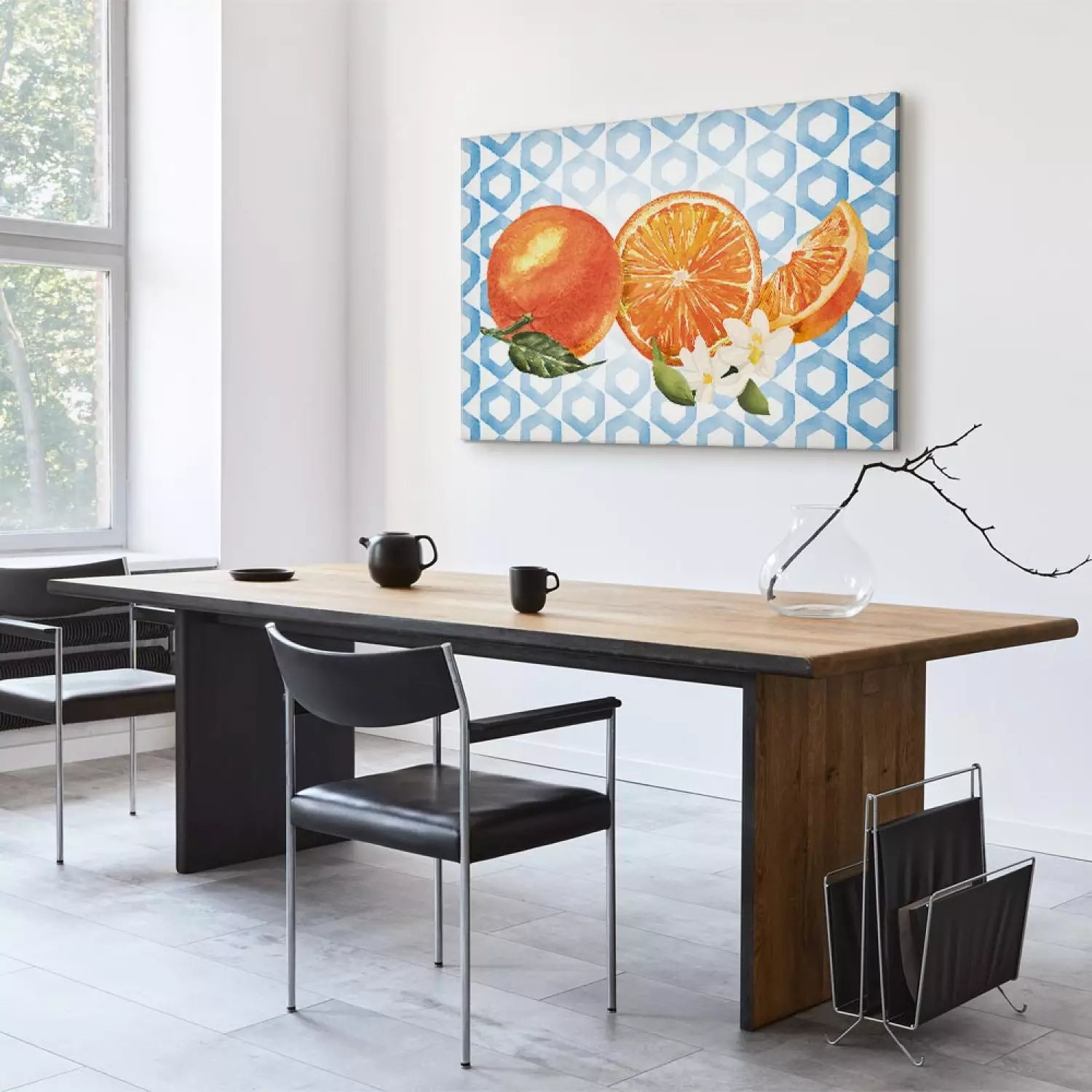 Canvas Art Print Sicilian Fruits - Oranges With Flowers on the Background of Blue Ornaments