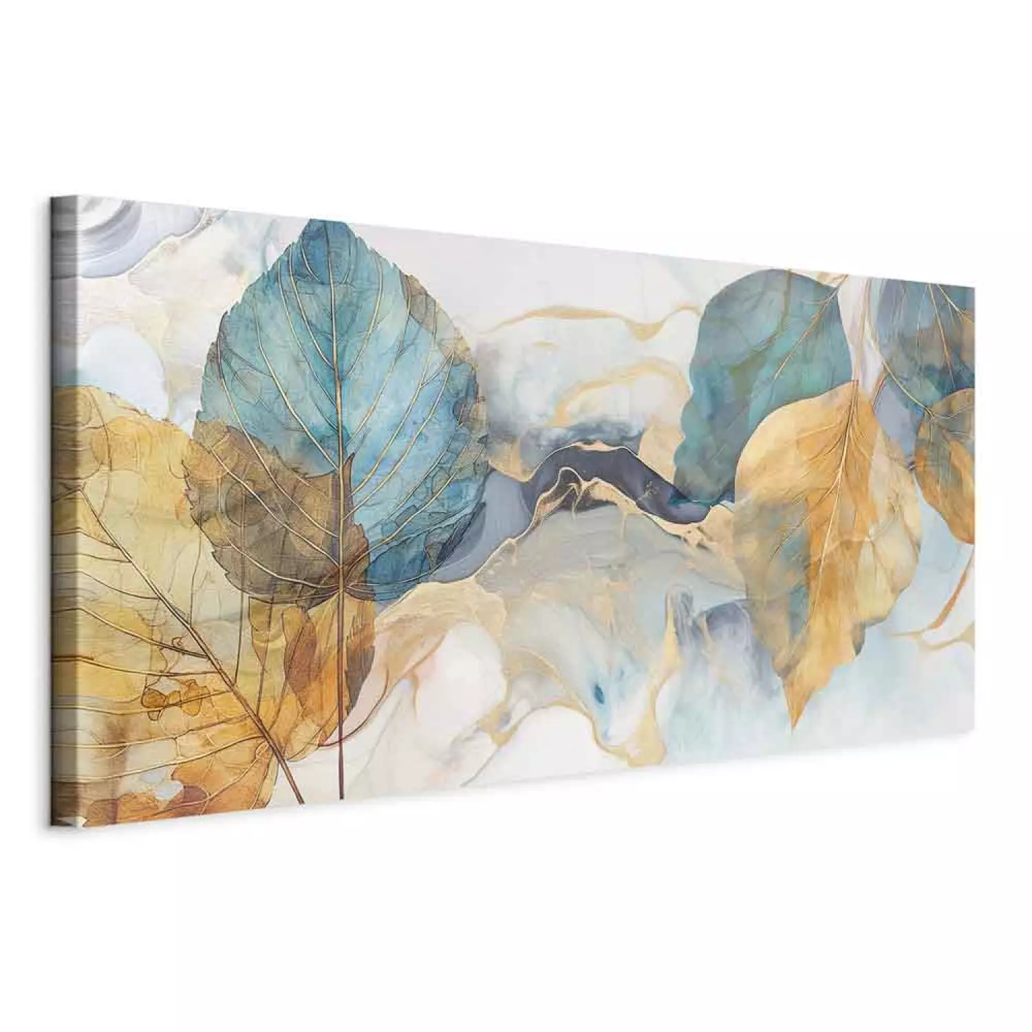 Canvas Print A Breath of Autumn - Yellow and Blue Leaves on an Abstract Background