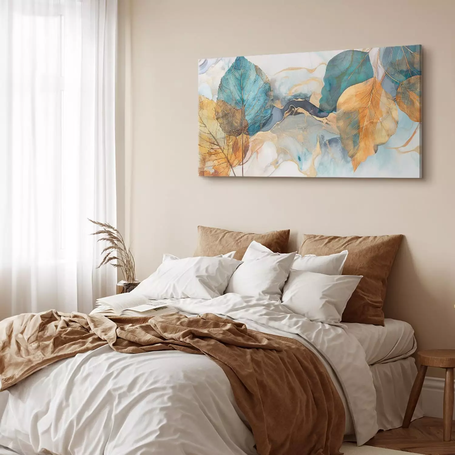 Canvas Print A Breath of Autumn - Yellow and Blue Leaves on an Abstract Background