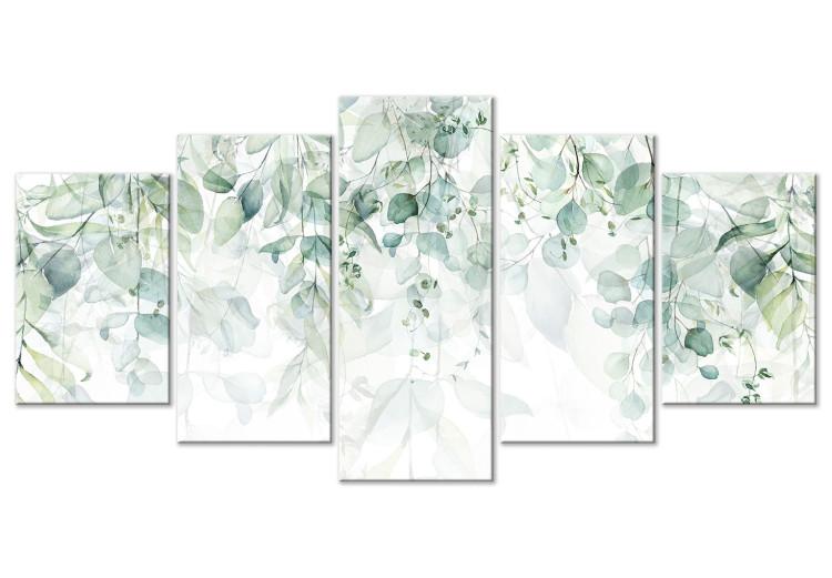 Canvas Pastel Plants - Leaves in Delicate Greens on a White Background