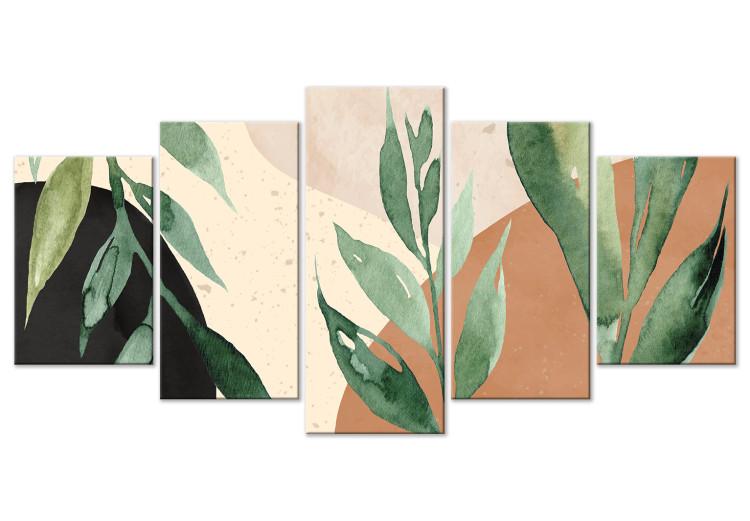 Canvas Large Leaves - Plants on an Abstract Background in Shades of Beige and Brown