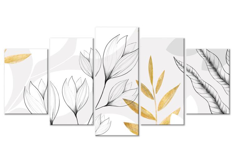 Canvas Magnolias and Foliage - Minimalist Plants in Gray and Gold