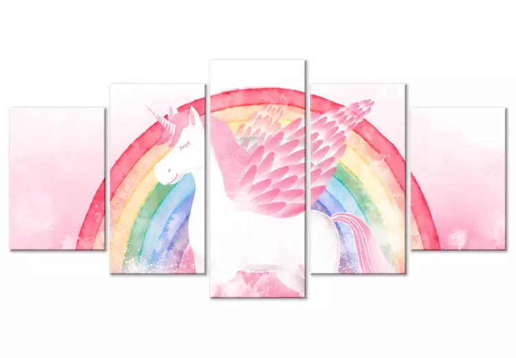 Canvas The Pink Power of the Unicorn - A Winged Animal Against a Rainbow Background