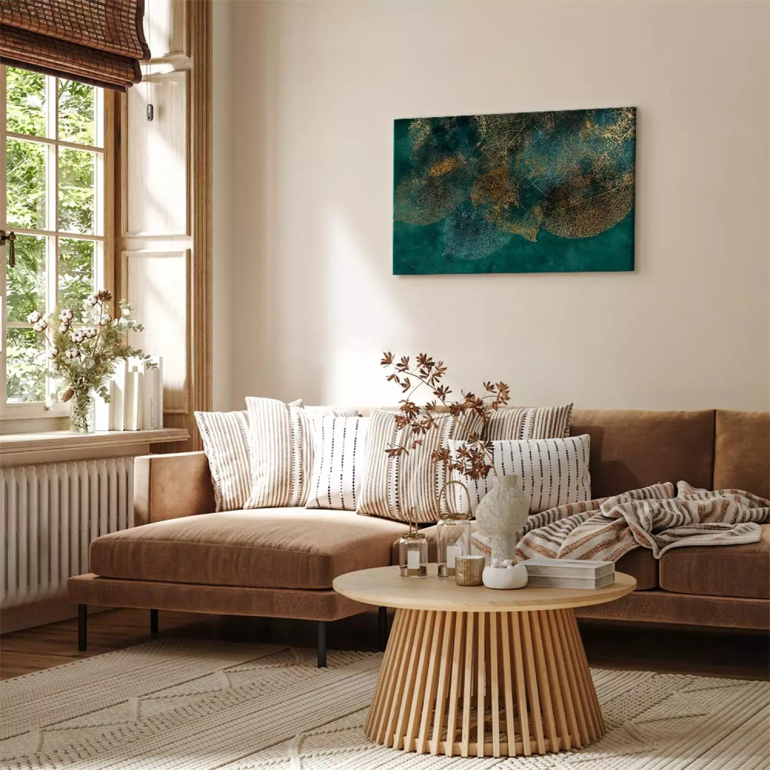 Canvas Print Reflection of Leaves - Plants With Autumn Color on a Green Background