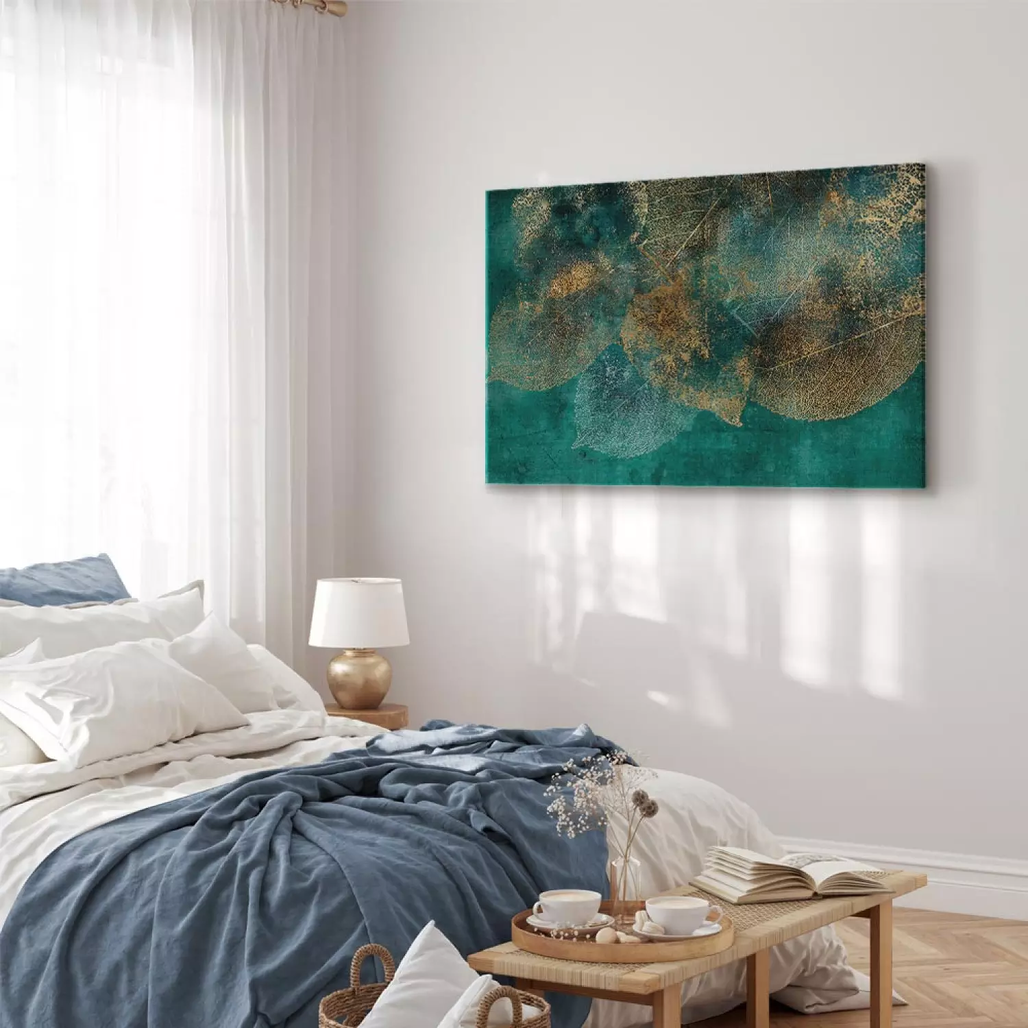 Canvas Print Reflection of Leaves - Plants With Autumn Color on a Green Background