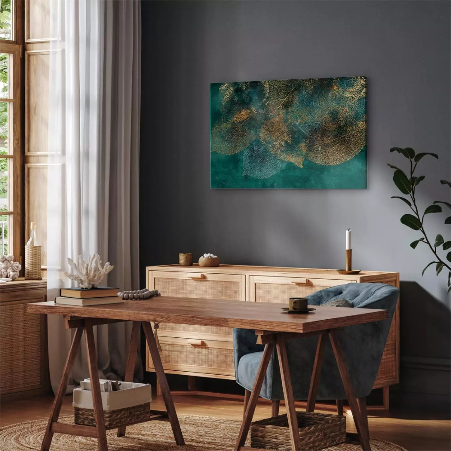 Canvas Print Reflection of Leaves - Plants With Autumn Color on a Green Background