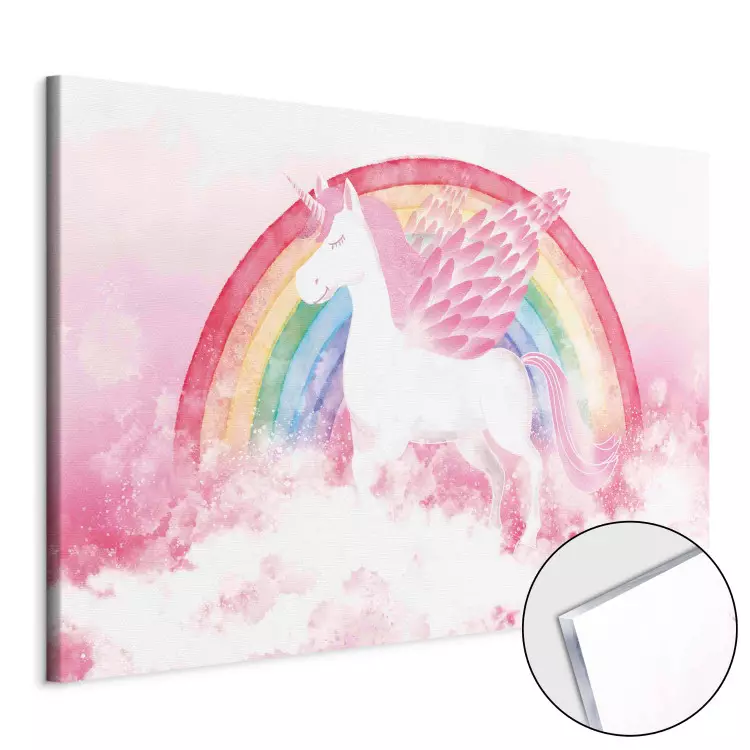 Acrylic Print Pink Power - A Unicorn With Wings and a Rainbow on the Background of Clouds [Glass]