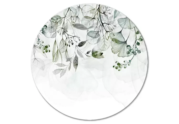 Round Canvas Print Watercolor Nature - Flowers, Fruits and Green Leaves on a White Background