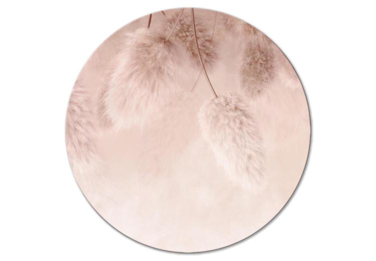 Round Canvas Print Pastel Plants - Fluffy Boho Style Flowers on a Pink Background