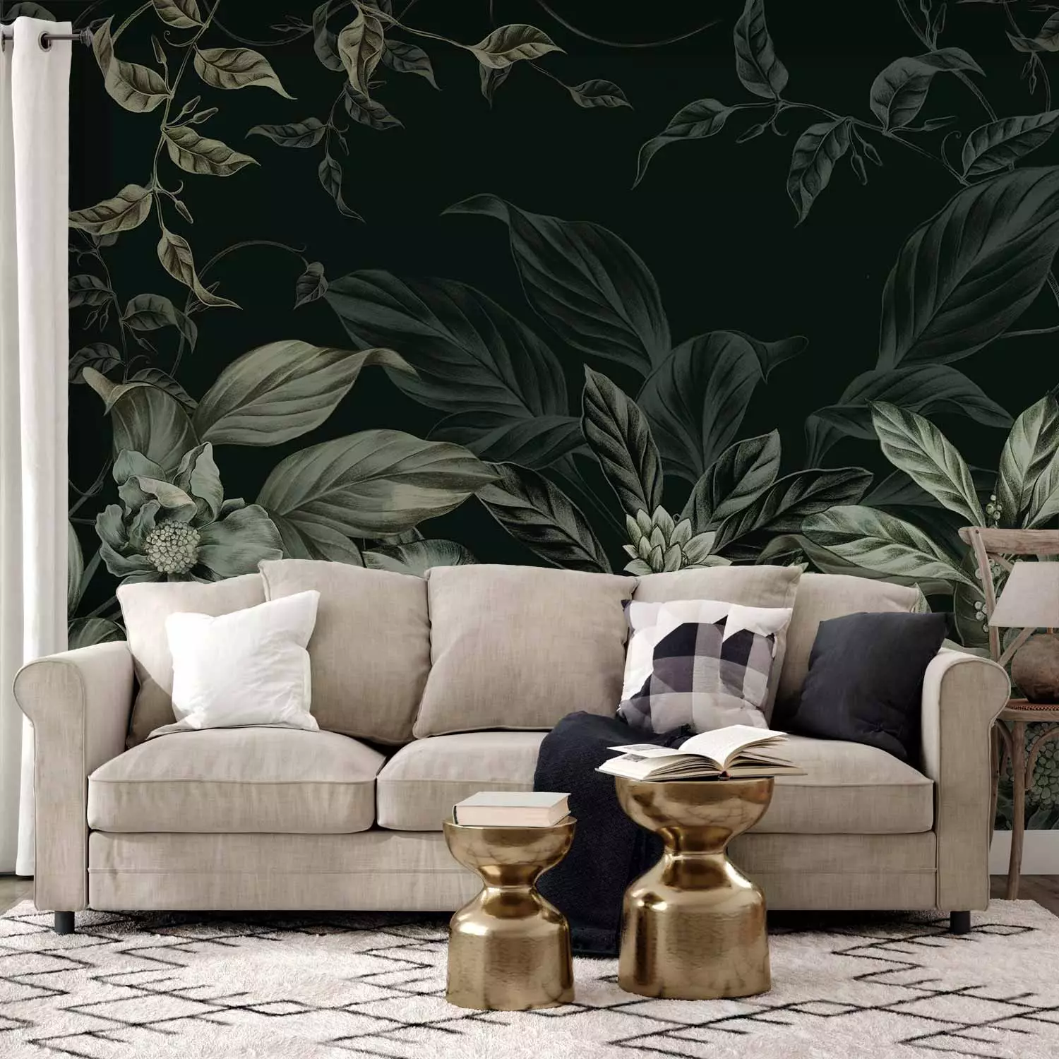 Photo Wallpaper Leaves and Flowers - Plant Motif in Shades of Dark Green
