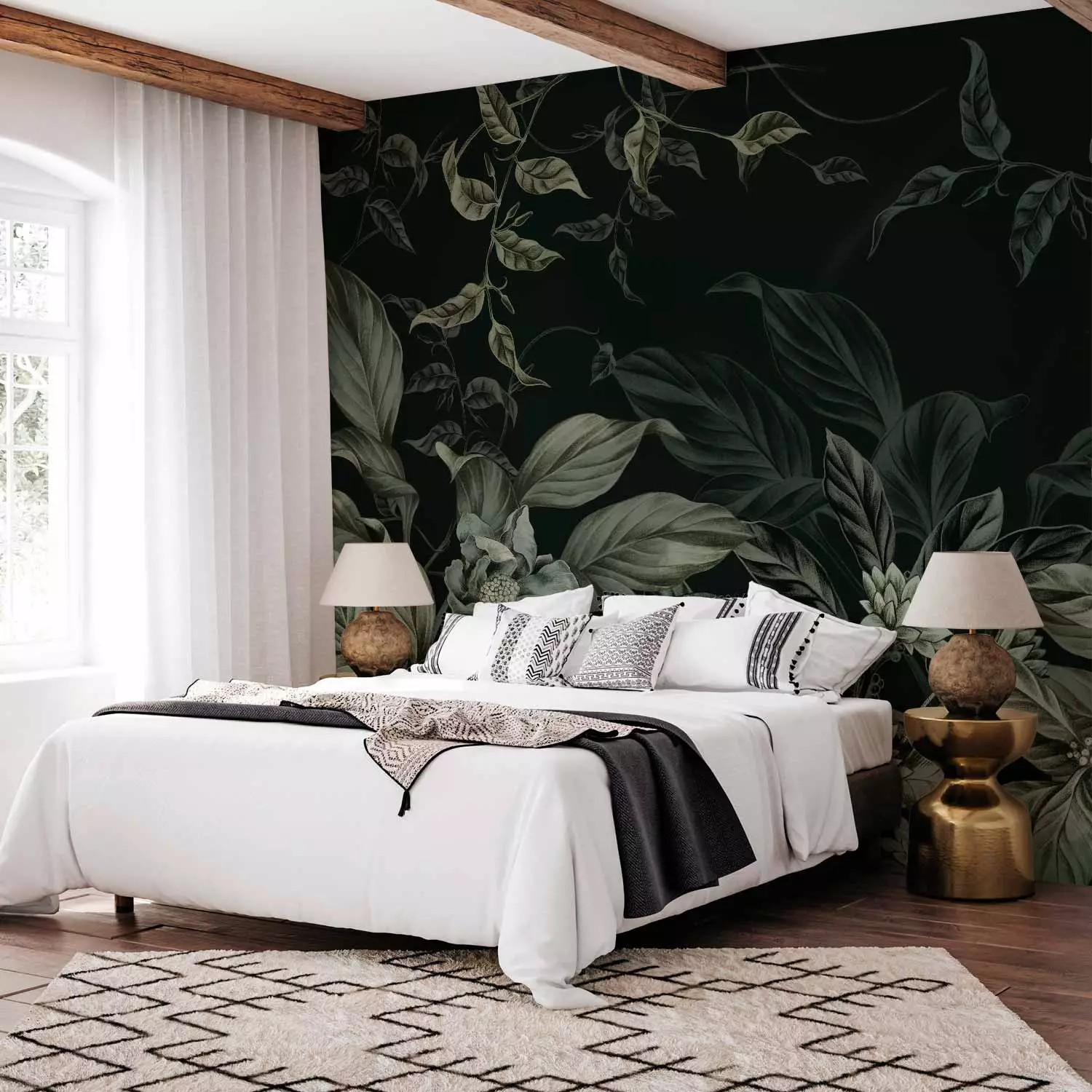 Photo Wallpaper Leaves and Flowers - Plant Motif in Shades of Dark Green