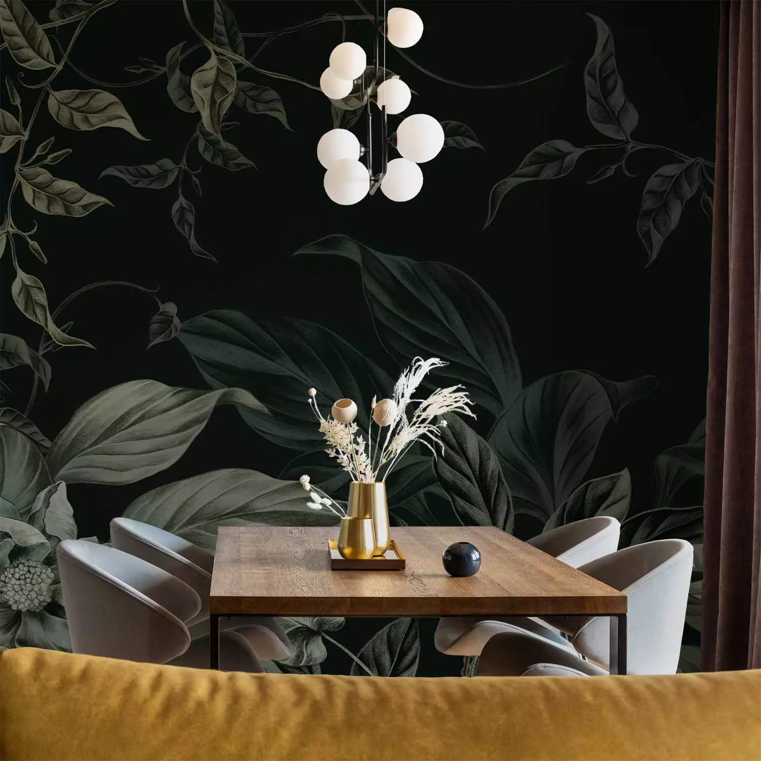 Photo Wallpaper Leaves and Flowers - Plant Motif in Shades of Dark Green