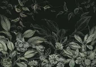 Photo Wallpaper Leaves and Flowers - Plant Motif in Shades of Dark Green Wallpaper Cropper
