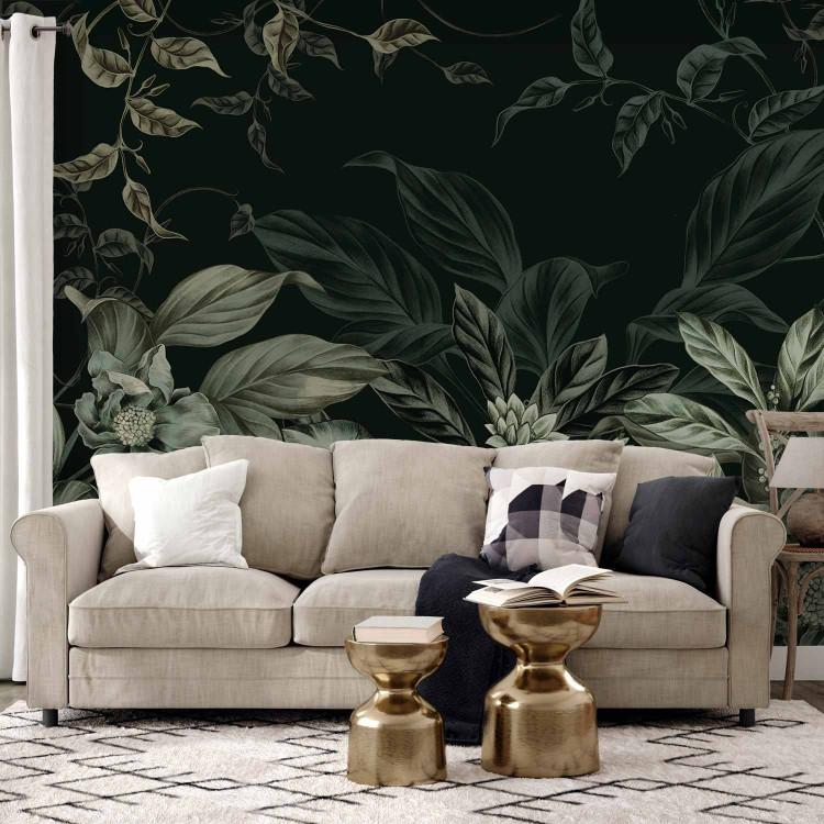 Wall Mural Leaves and Flowers - Plant Motif in Shades of Dark Green