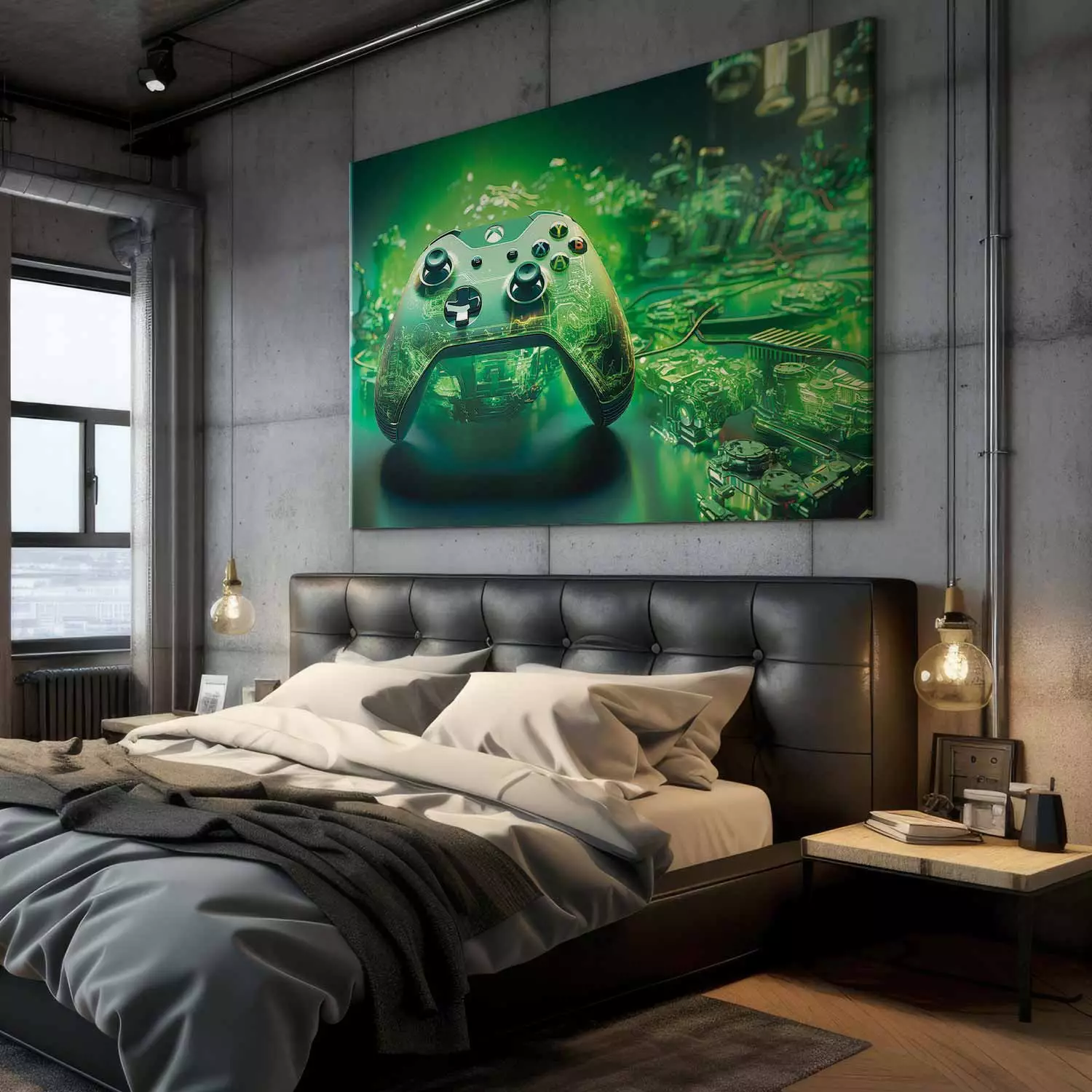 Large canvas print Gaming Technology - Xbox Game Pad on Intense Green Background