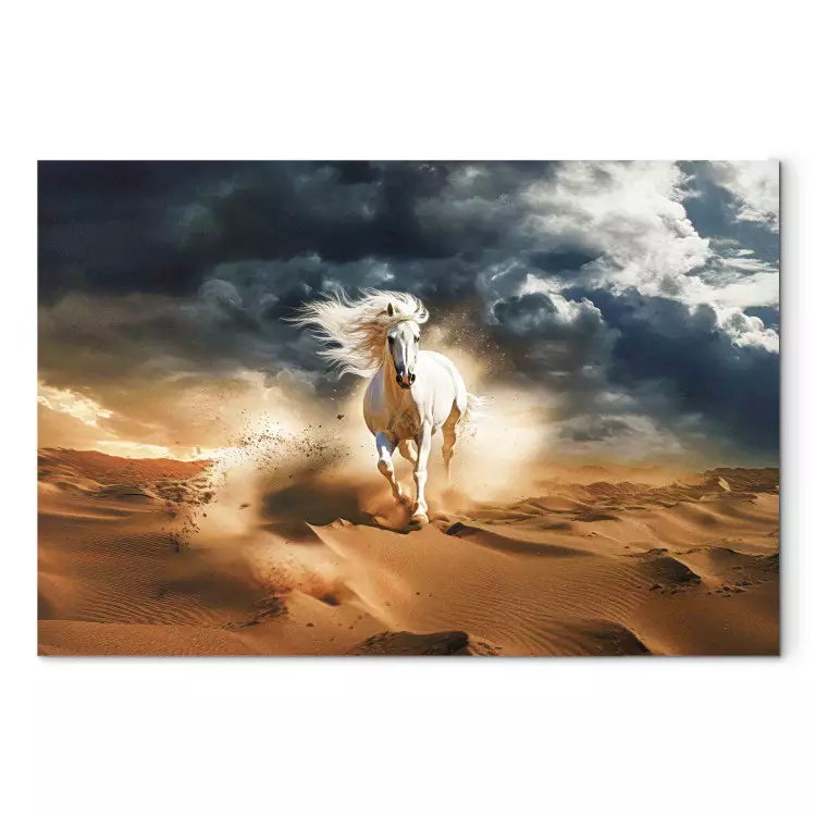 Canvas White Horse - A Wild Animal Galloping Through the Arabian Desert