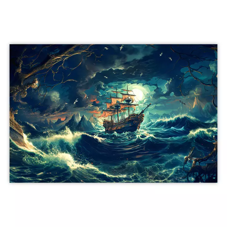 Poster Forgotten Voyage - A Pirate Ship Sailing Through Rough Waves
