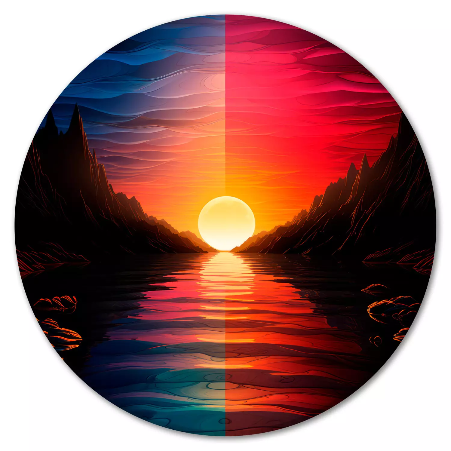Round Canvas Purple Sunset - Orange Sun Setting Behind a Mountain River
