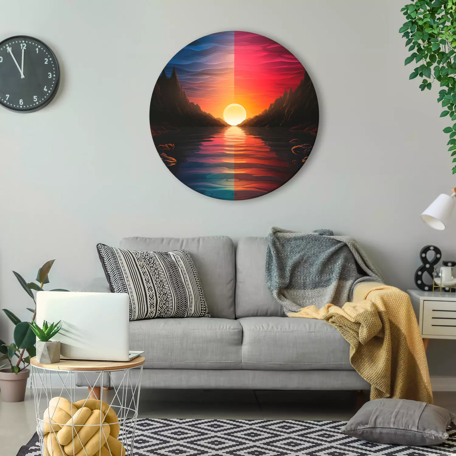 Round Canvas Purple Sunset - Orange Sun Setting Behind a Mountain River
