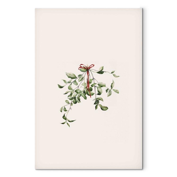 Canvas Christmas Mistletoe - Watercolor Illustration of a Branch With a Red Ribbon