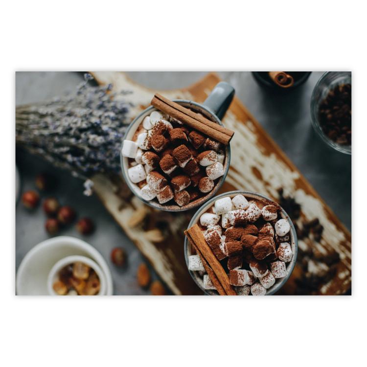 Poster Hot Chocolate - Mugs Full of Cocoa With Marshmallows Sprinkled With Cinnamon