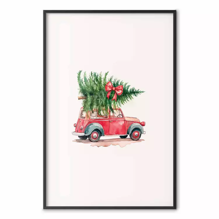 Christmas Transport - Watercolor Red Car With a Christmas Tree on the Roof