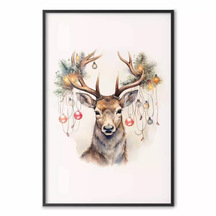 Christmas Guest - Watercolor Illustration of a Deer With Ornamented Antlers