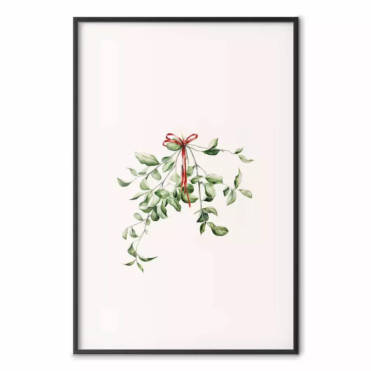 Christmas Mistletoe - Illustration of a Branch Tied With a Red Ribbon