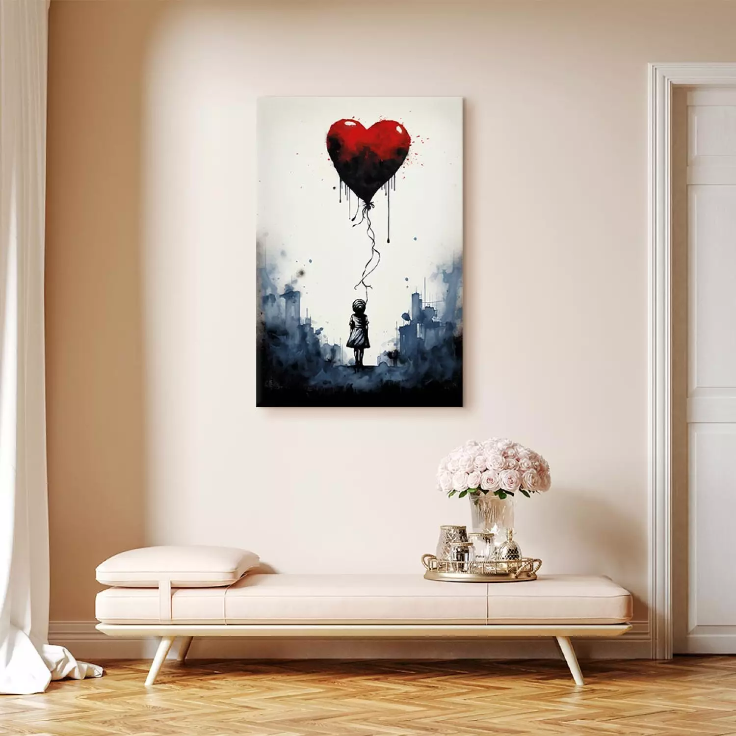 Canvas Art Print Flying Balloon - Watercolor Composition Inspired by the Style of Banksy