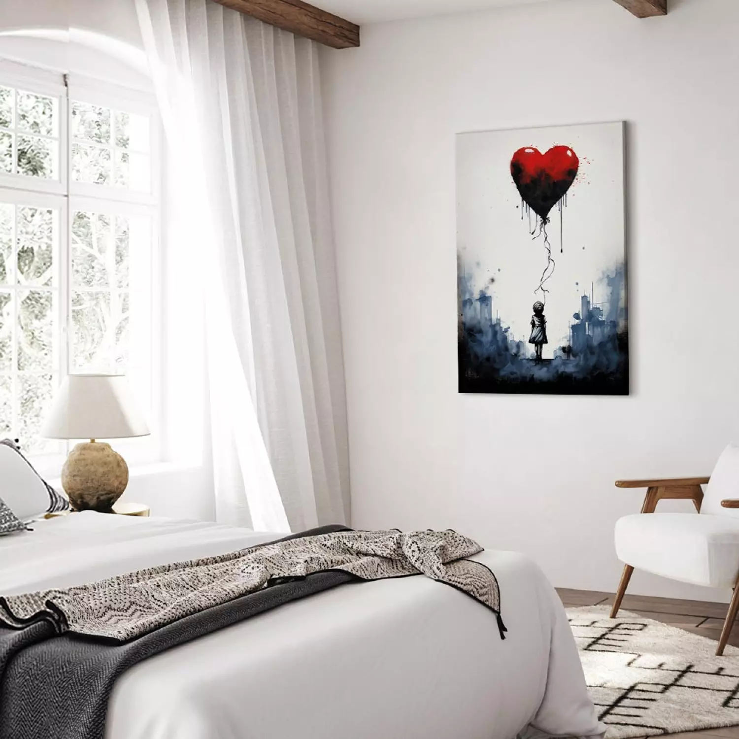 Canvas Art Print Flying Balloon - Watercolor Composition Inspired by the Style of Banksy