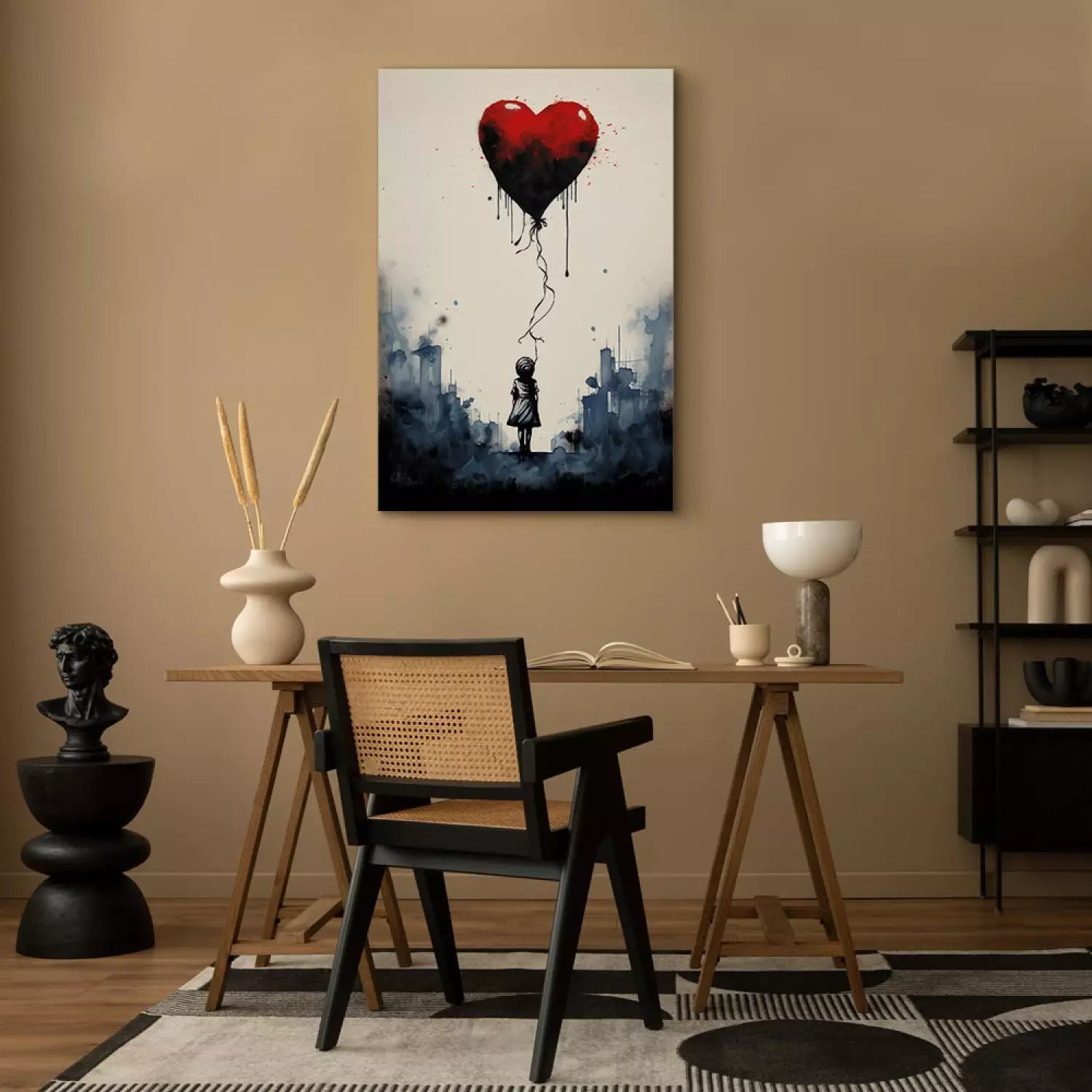 Canvas Art Print Flying Balloon - Watercolor Composition Inspired by the Style of Banksy