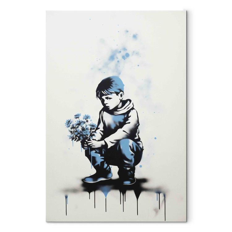 Canvas Blue Flowers - A Boy With a Bouquet Inspired by Banksy’s Style