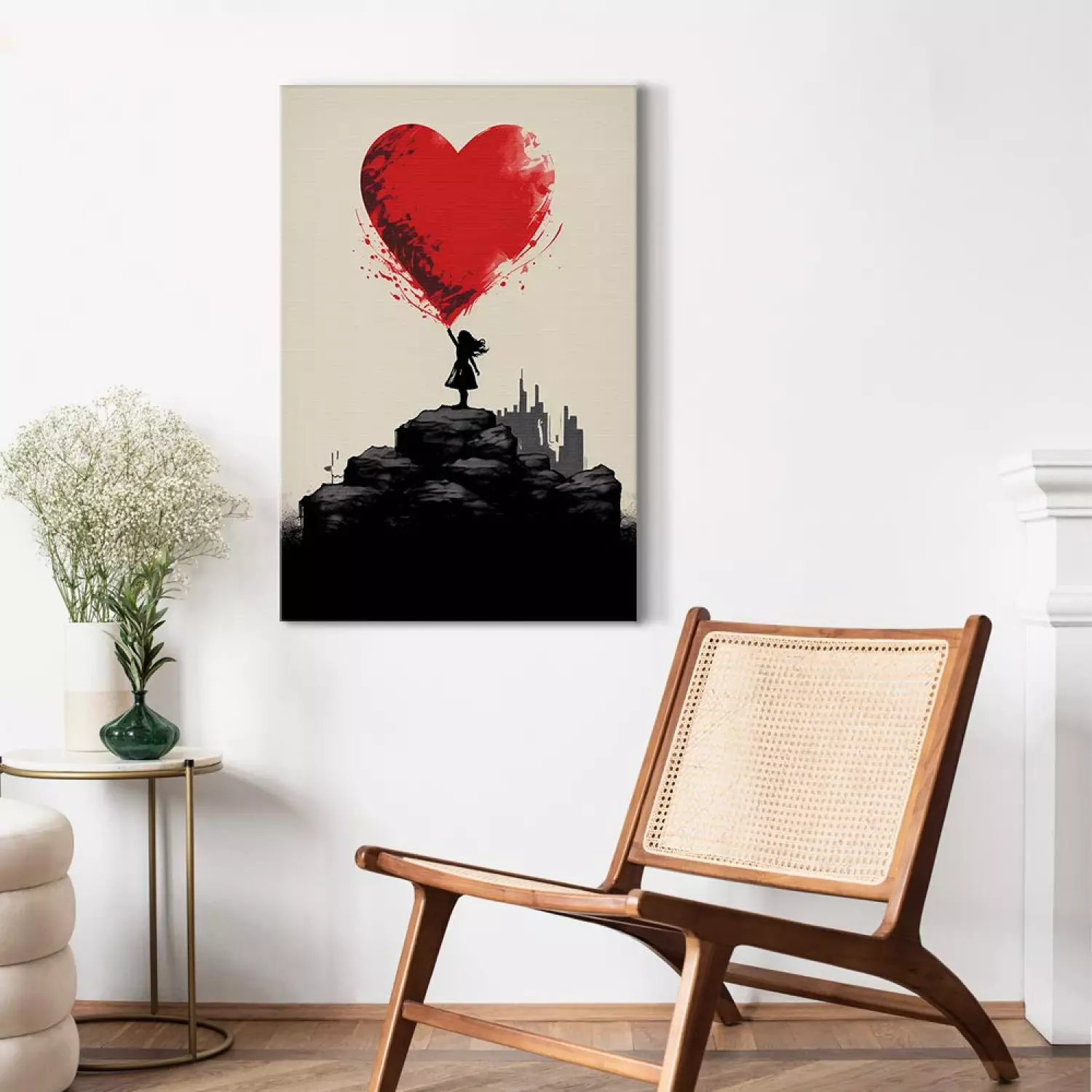Canvas Art Print Red Heart - A Figure With a Balloon on a City Background Inspired by Banksy