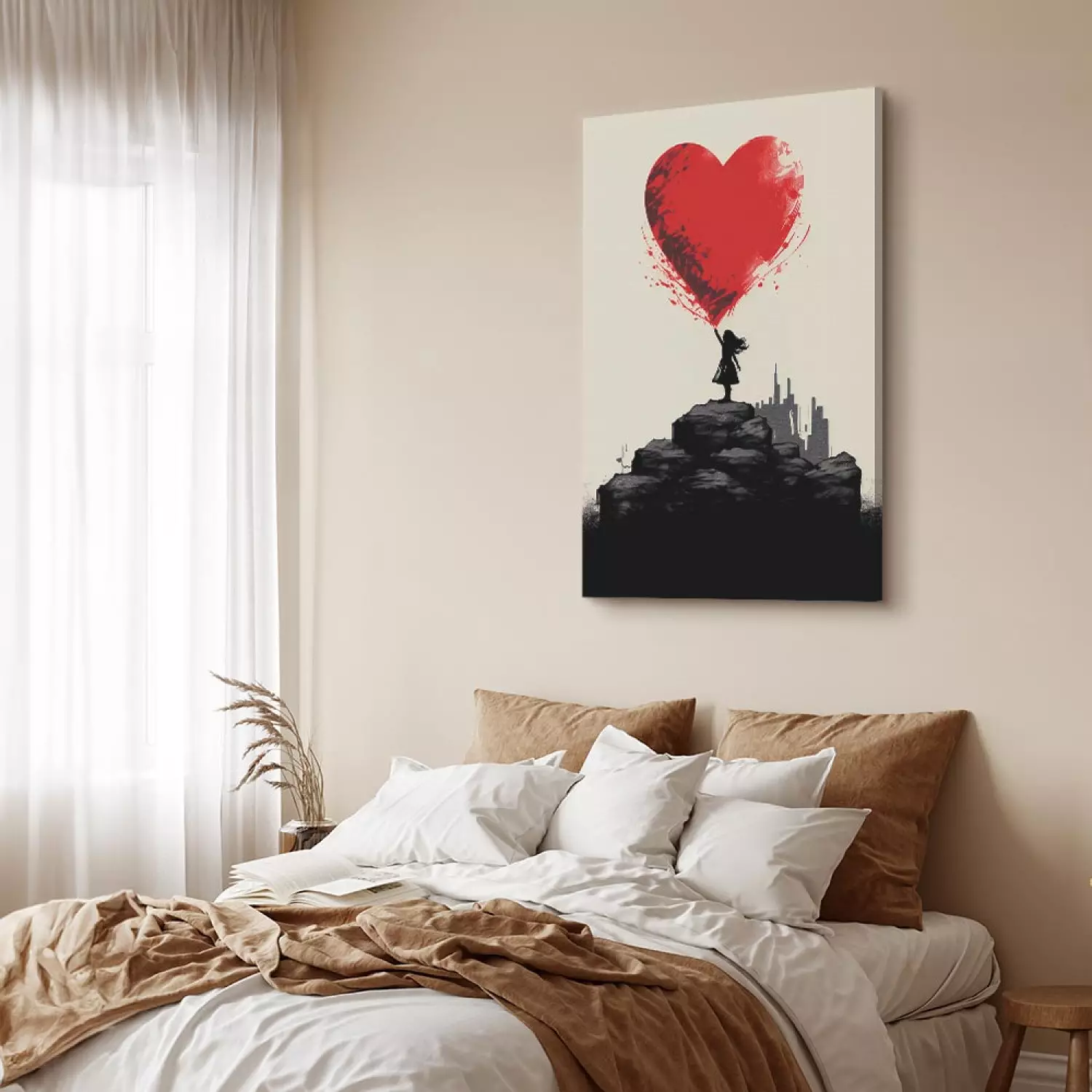 Canvas Art Print Red Heart - A Figure With a Balloon on a City Background Inspired by Banksy