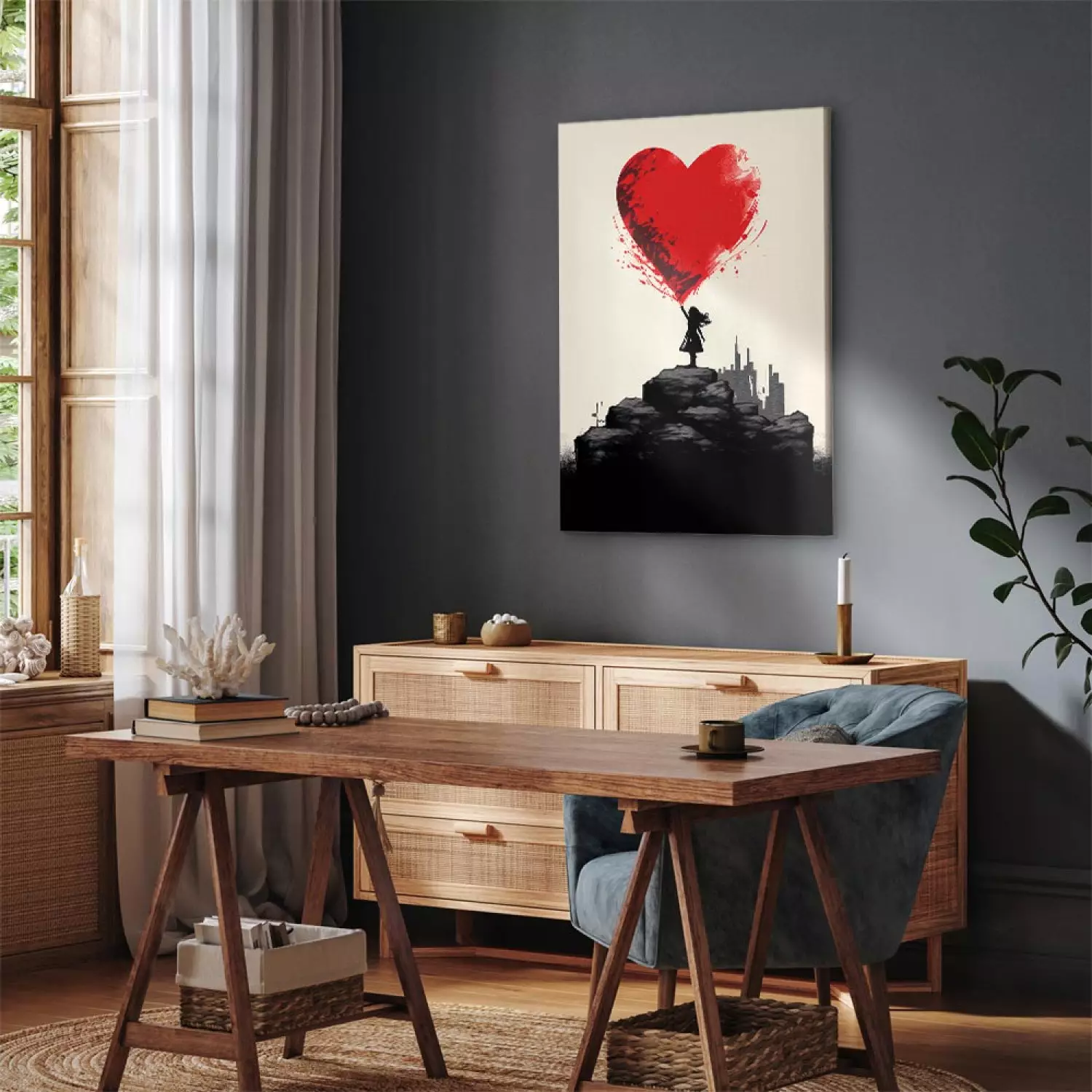 Canvas Art Print Red Heart - A Figure With a Balloon on a City Background Inspired by Banksy