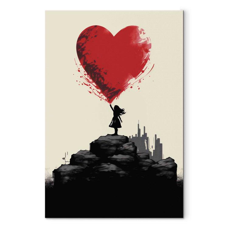 Canvas Red Heart - A Figure With a Balloon on a City Background Inspired by Banksy