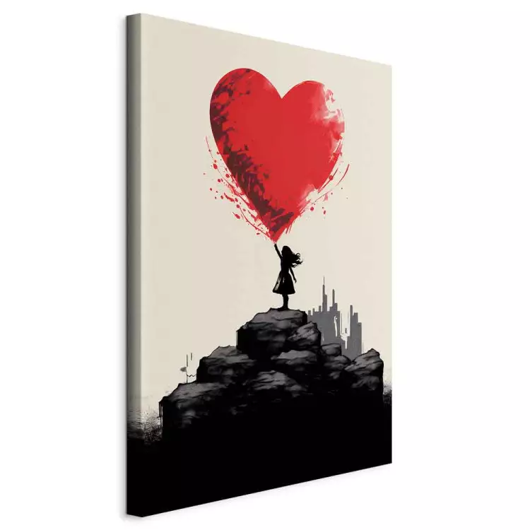 Red Heart - A Figure With a Balloon on a City Background Inspired by Banksy
